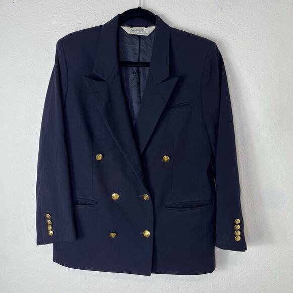 Vtge Austin Reed Petite Navy Blazer Double Breasted Size 12P Gold Buttons Wool - Picture 1 of 9